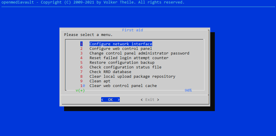 screenshot of omv-firstaid. You want to select 3, "Change control panel administrator password"